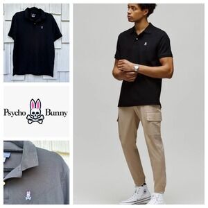 Psycho Bunny Men's Black Short Sleeve Polo Shirt Embroidered Bunny Logo Size 6/L